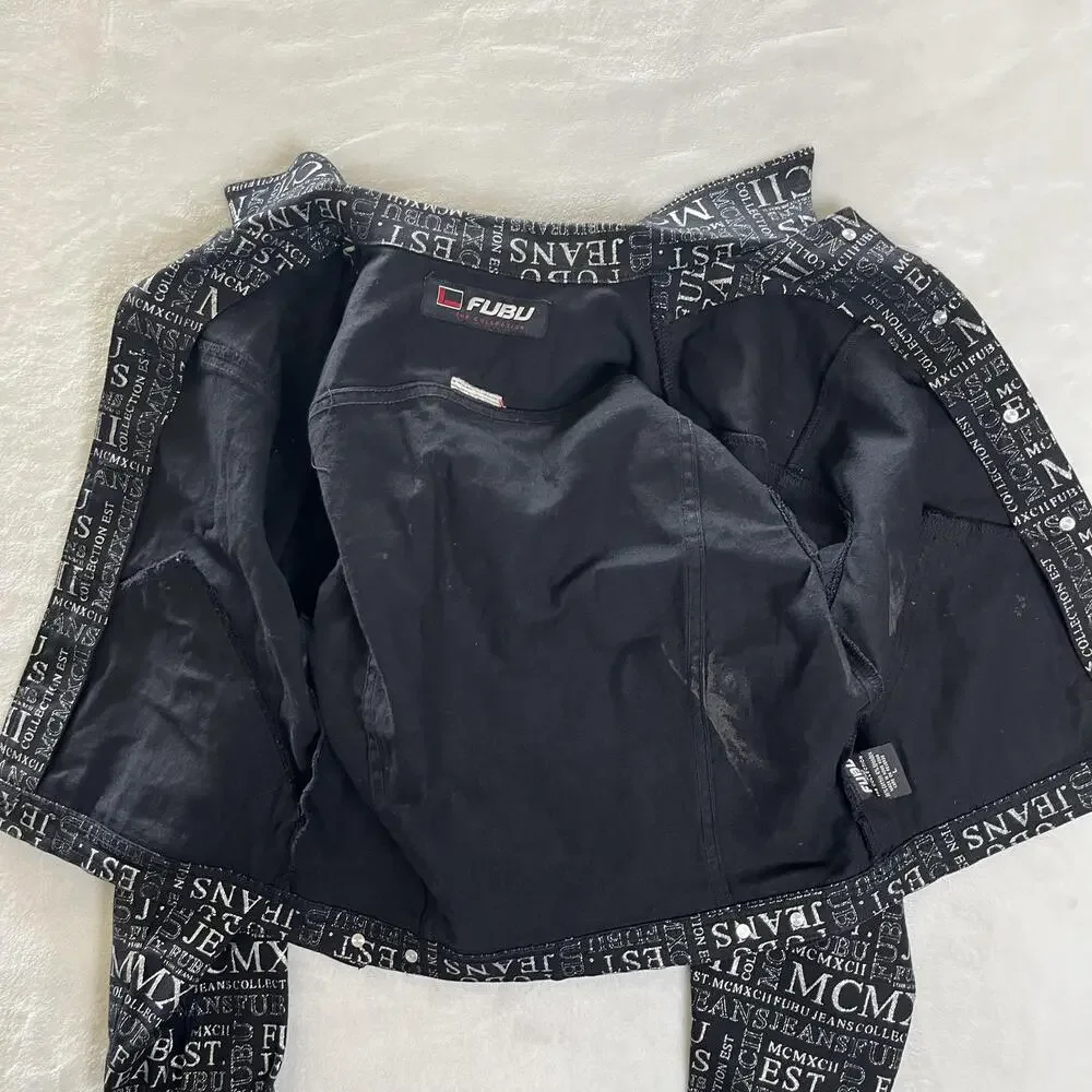 Vintage FUBU Jacket Kids Large Black Denim Bomber All Over Print Hip Hop Y2K